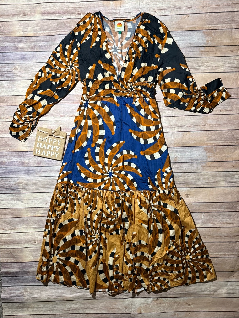 Farm Rio Printed Cotton-Blend Poplin Ruched Maxi Dress size Medium